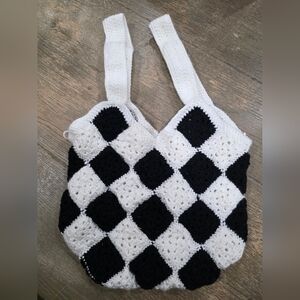 Handmade Black and White Checkerboard Crochet Tote Bag 12x12